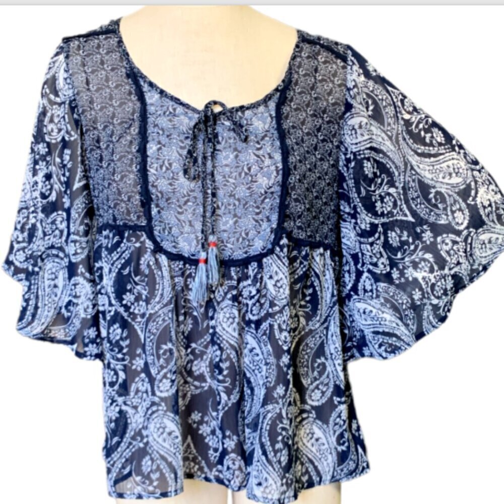 Knox Rose Womens Top BOHO Sheer Mix Print Paisley Blue Tassel Tie Flutter S #70F